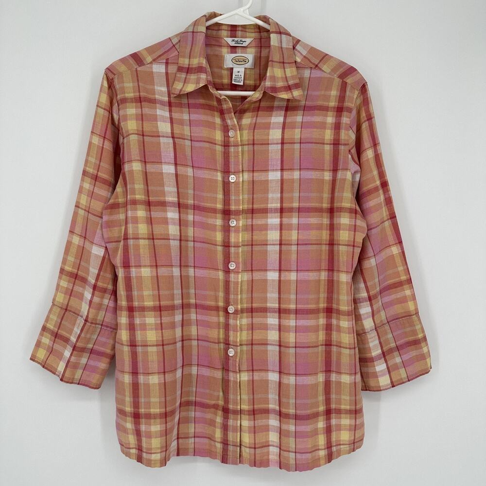 Talbots Shirt Womens Medium Plaid Irish Linen Blend 3/4 Sleeve Button Up Blouse